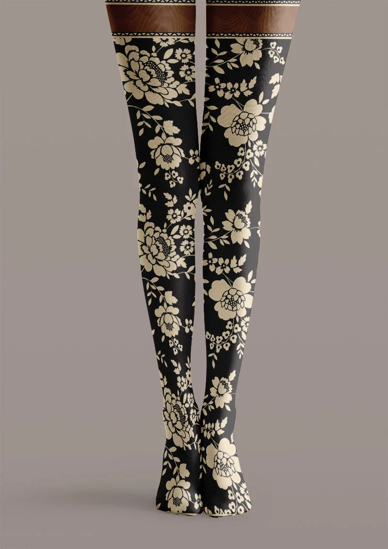 Viken Plan Vintage Floral Print Tights Hosiery Pantyhose