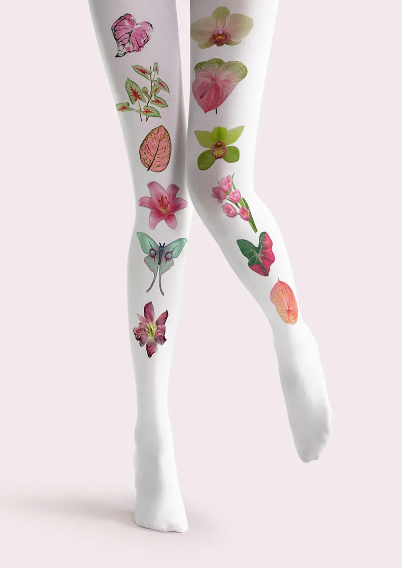 Viken Plan White Botanical Collage Y2K Style Tights Hosiery Pantyhose