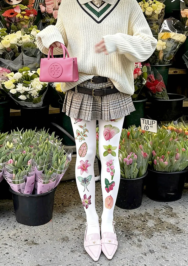 Viken Plan White Botanical Collage Y2K Style Tights Hosiery Pantyhose - Image 2