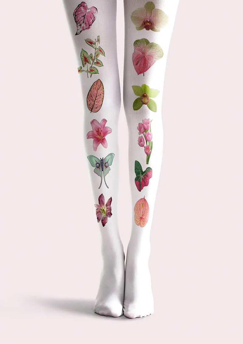 Viken Plan White Botanical Collage Y2K Style Tights Hosiery Pantyhose - Image 4